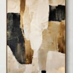 Onyx Ascension vertical abstract painting in black, gold and cream, in a thin gold frame