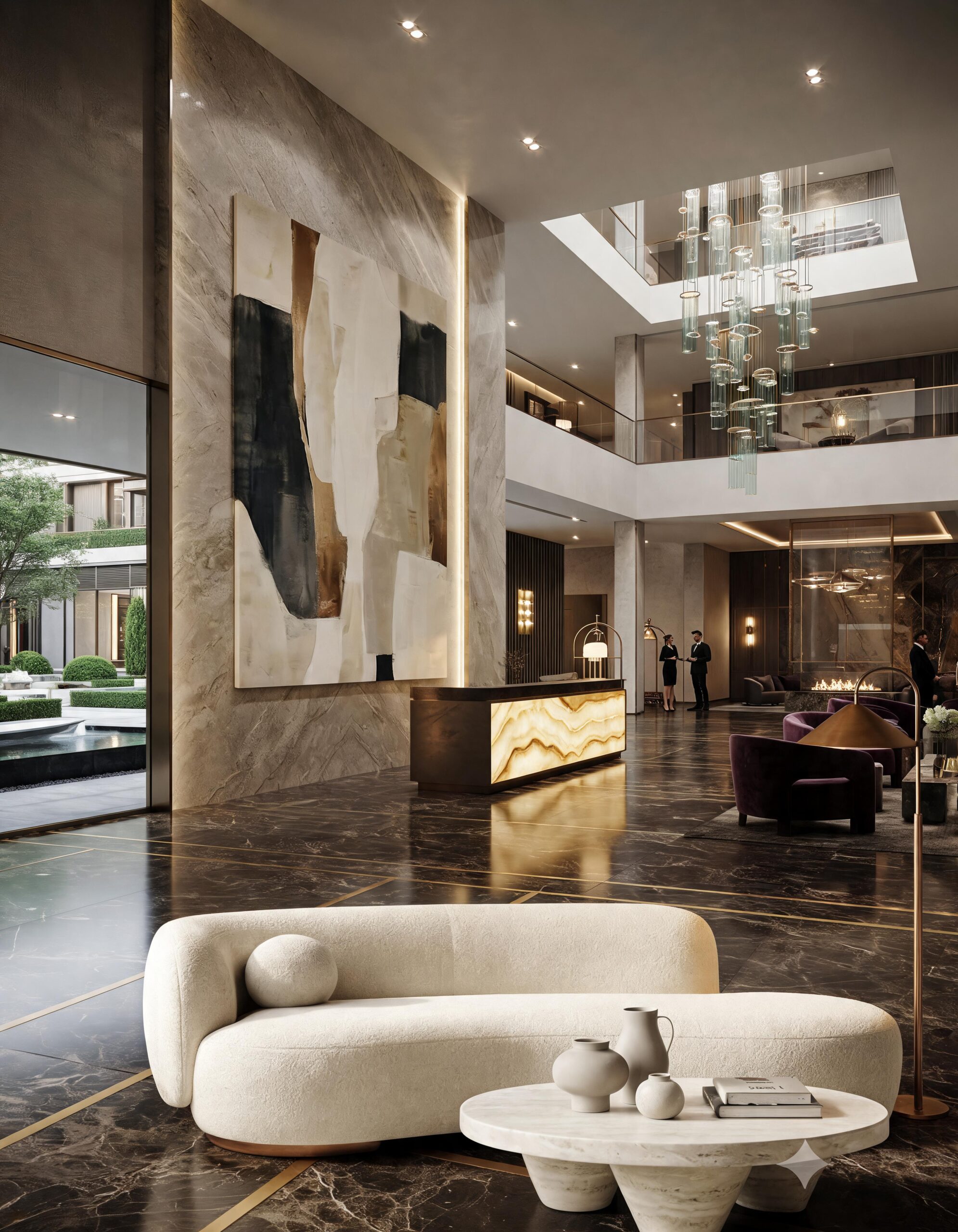 Onyx Ascension black and gold abstract painting displayed in a luxury double-height hotel lobby